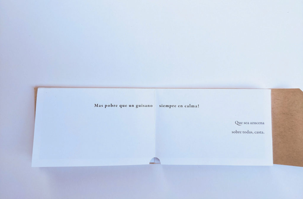 Open spread showing pages two and three of the book, black text on white paper: three verses of poetry form a diagonal across the two pages, with the first verse at upper left, the second at center, and the third at lower right. The verses read, in order: "Miradla, así, sobre el follaje oscuro / Tallada á golpes sobre mármol duro / Ved la granzeda que en su forma duerme"