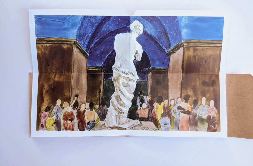 Open spread showing pages six and seven of the book, a watercolor illustration that folds open, doubling the height of the regular page. It depicts the Venus de Milo from behind, she stands bright white against a dark background of thick, architectural pillars that hold up a domed ceiling. The pillars are medium warm brown tones and the arched ceiling is in vibrant shades of ultramarine blue with tiny stars etched into the domes. At the foot of the statue, various faceless onlookers stare up at her or stare down at their phones. These viewers are wearing muted colors including sap green, dark peach, maroon, and grey-blue.